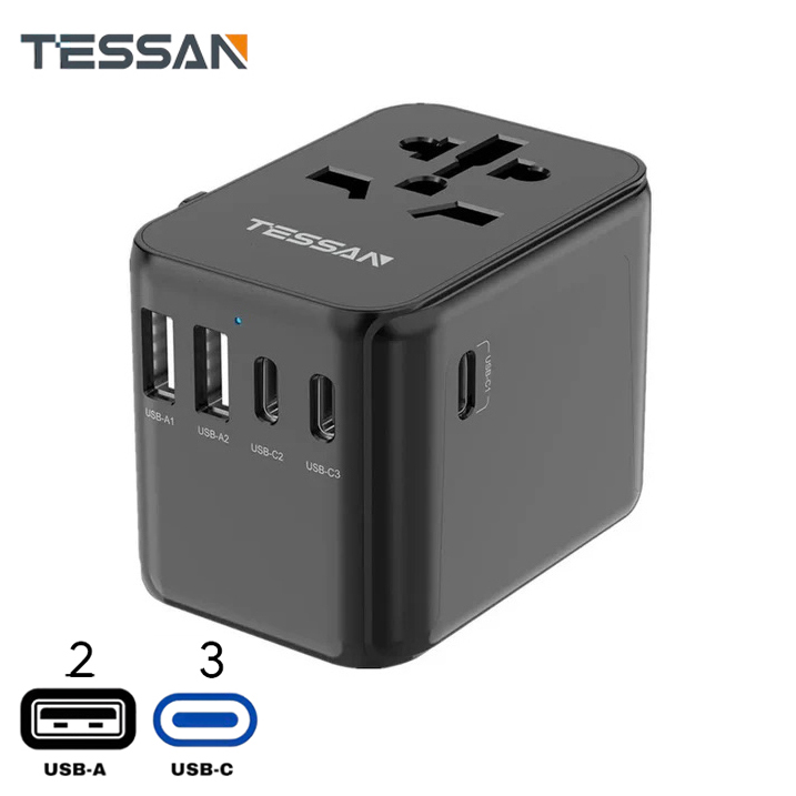 Bộ chuyển đổi phích cắm du lịch quốc tế đa năng 28W với 2 cổng USB & 3 cổng USB C - in logo