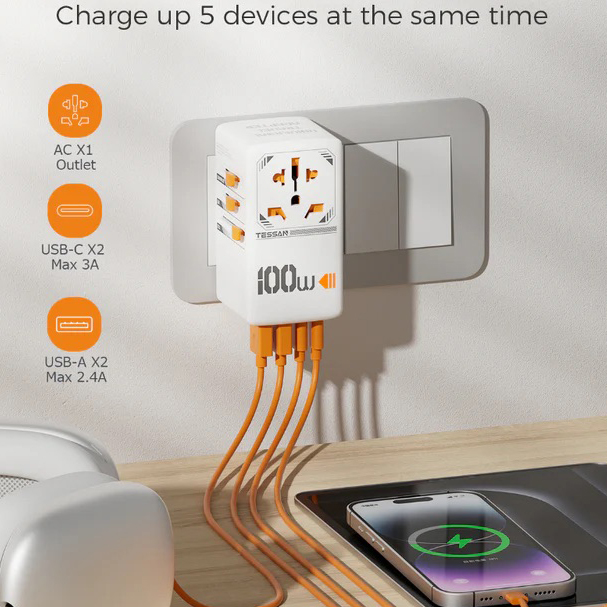 100W Fast Charging Universal Adaptor with 2 USB C & 2 USB Charging Ports - custom logo thumbnail 2
