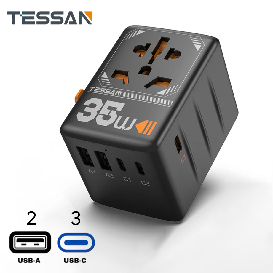 35W Universal Travel Adaptor with 3 USB C & 2 USB Charging Ports - in logo