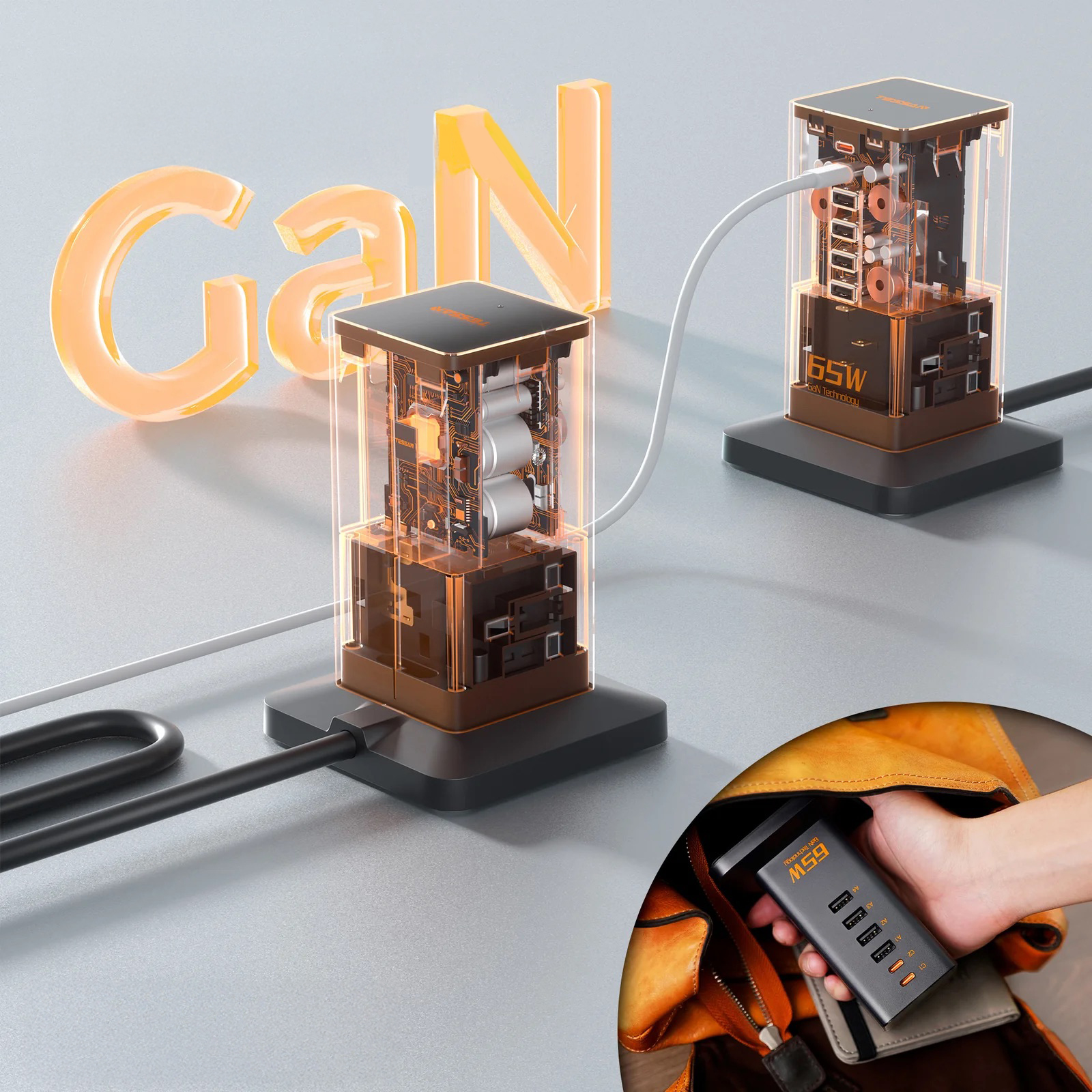 Bộ sạc GaN 65W Tháp mở rộng nhiều dây nối dài với Trạm sạc USB C - in logo thumbnail 2