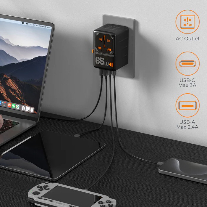 Ổ cắm du lịch quốc tế 65W kèm 2 cổng sạc USB C & 2 USB A - in logo thumbnail 2