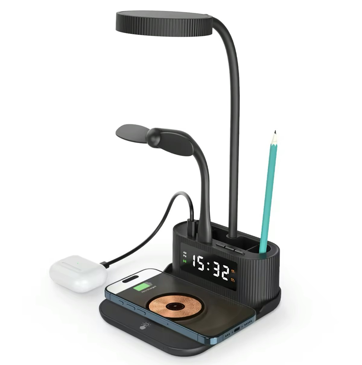 Wireless Charger Desk Lamp (with Clock, Pen Holder and USB-A & USB-C Output) - custom logo