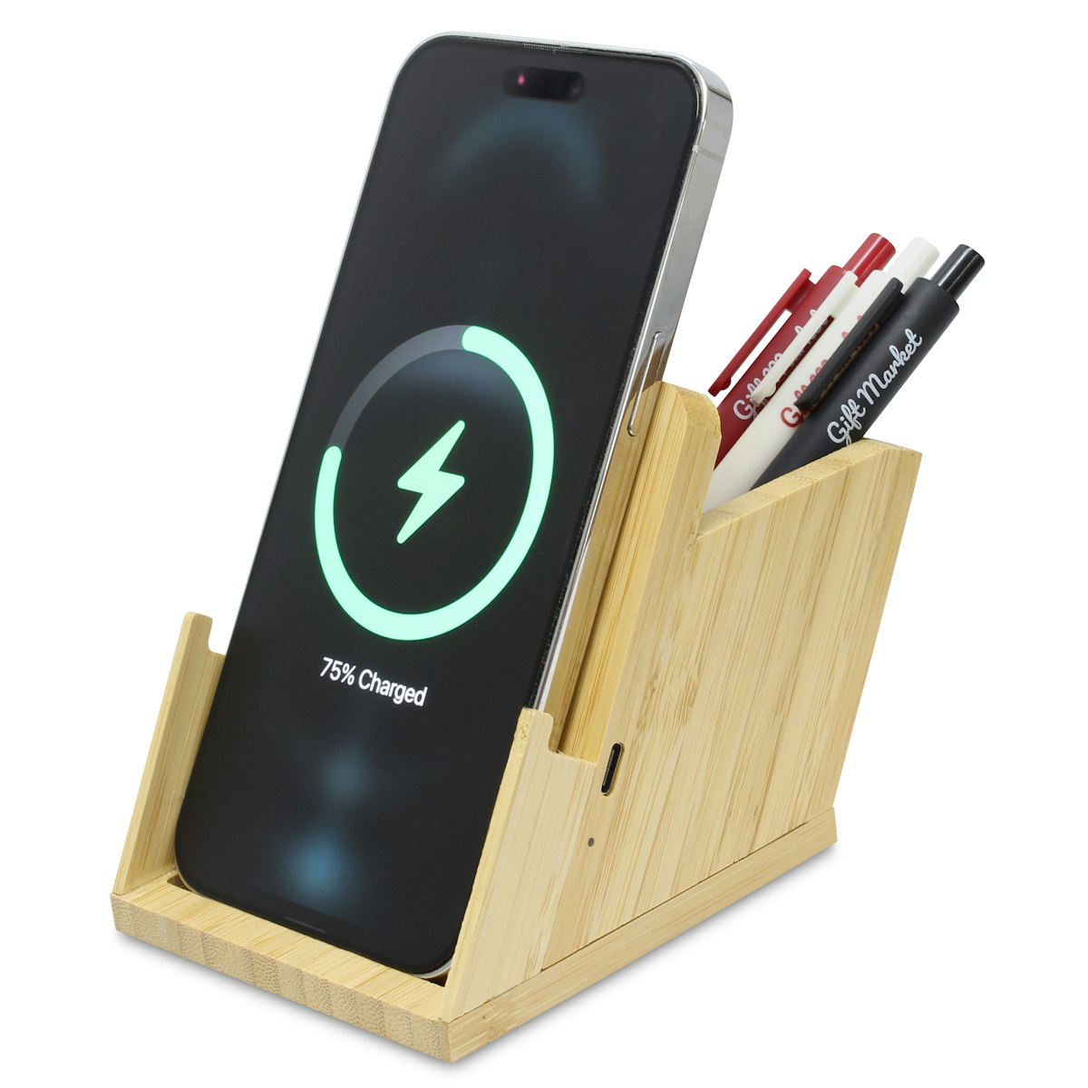 15W Bamboo Wireless Charger Phone Stand With Pen Holder - custom logo