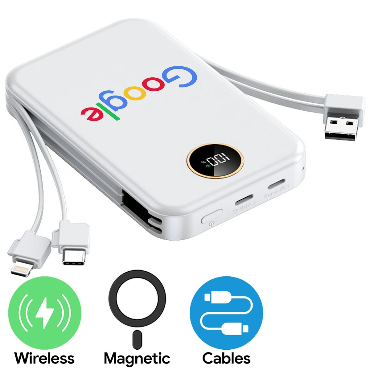 10,000mAh Utility Magnetic Wireless Powerbank with Cables - custom logo