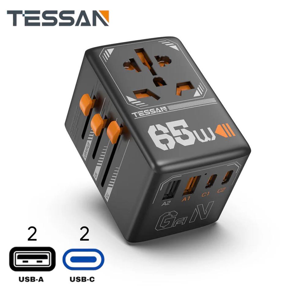 65W International Travel Adaptor with 2 USB C & 2 USB A Charging Ports - custom logo