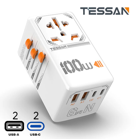 100W Fast Charging Universal Adaptor with 2 USB C & 2 USB Charging Ports - in logo