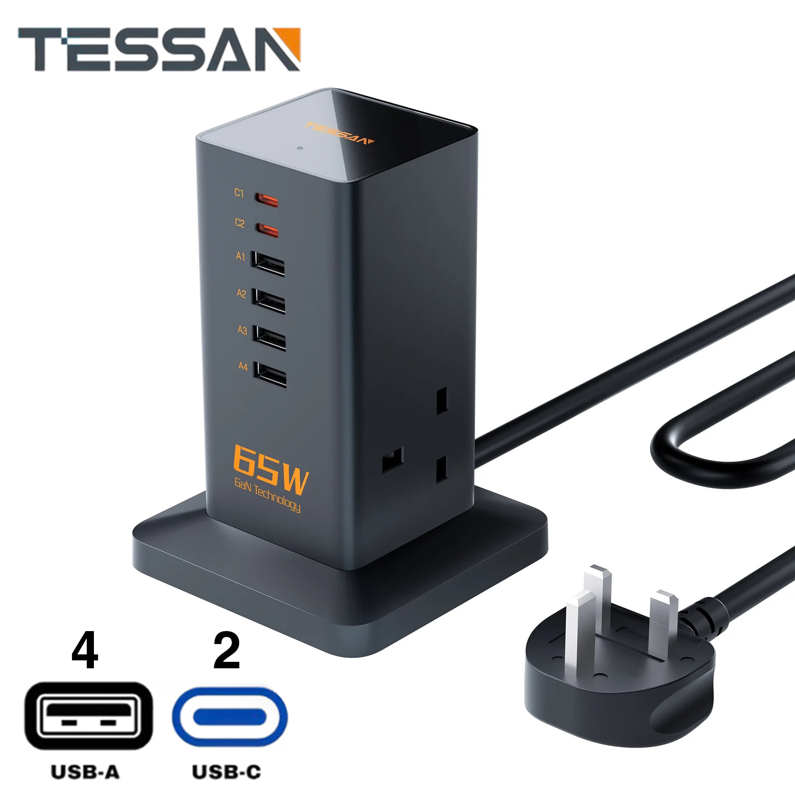 65W GaN Charger Multiple Extension Cord Extension Tower with USB C Charging Station - custom logo